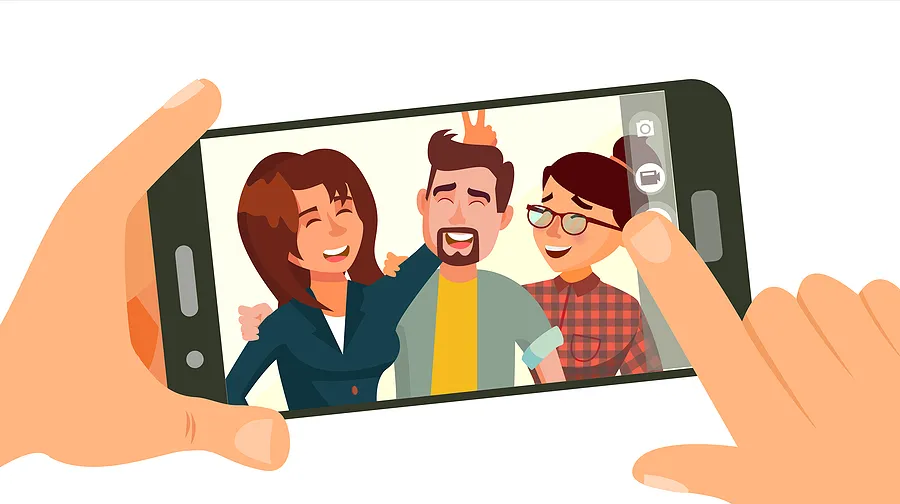 写真が入ったスマホを握っている漫画風の手。