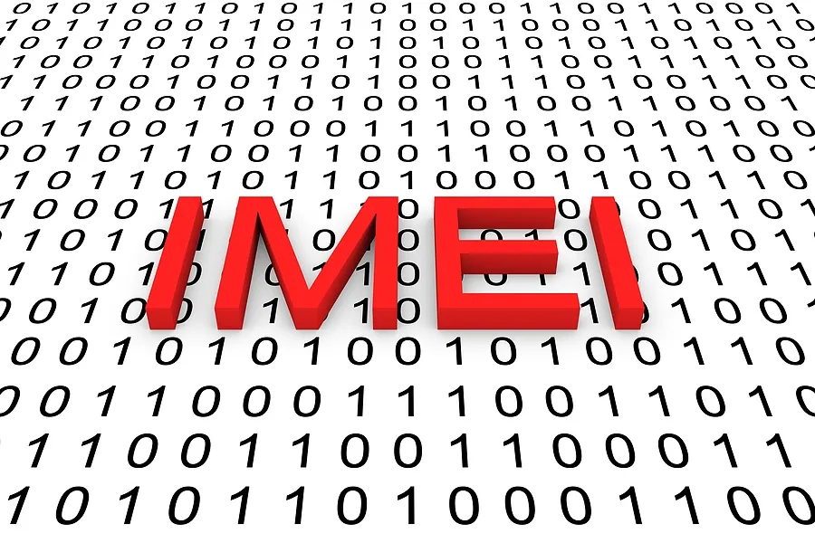IMEIブラックリストチェックを表すバイナリコードの背景にIMEIのテキストが表示されており、利用停止または盗難された携帯電話を特定するためのものです。